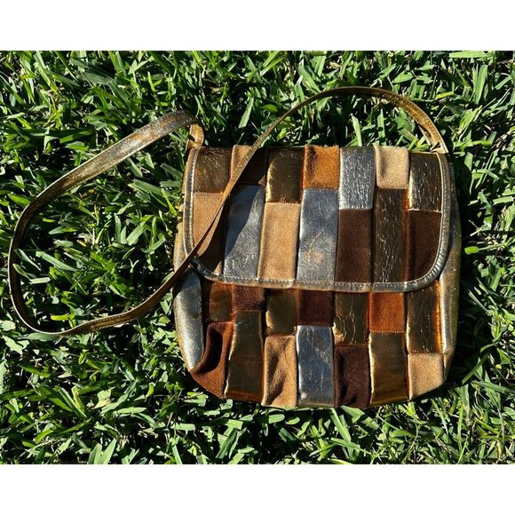 VTG 1980's Metallic Patchwork Leather Crossbody Bag Boho Purse Distressed Suede - Picture 1 of 12